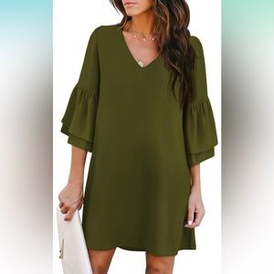 Olive Green V-Neck Midi Dress with Ruffle Sleeves